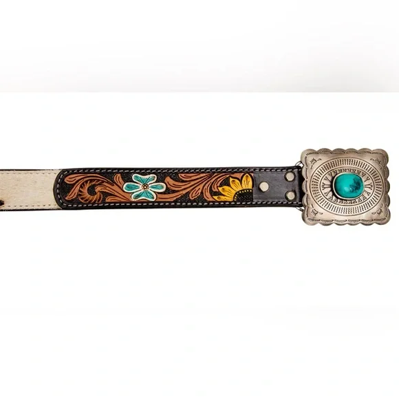 NWT Myra Western Hand Tooled Leather Belt w/ Hair On Hide  display picture 2